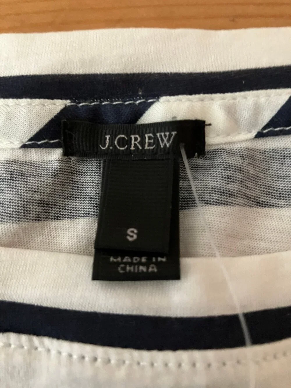 J.CREW Navy Blue/White striped T-shirt red anchor patch Cotton Boatneck Sz S